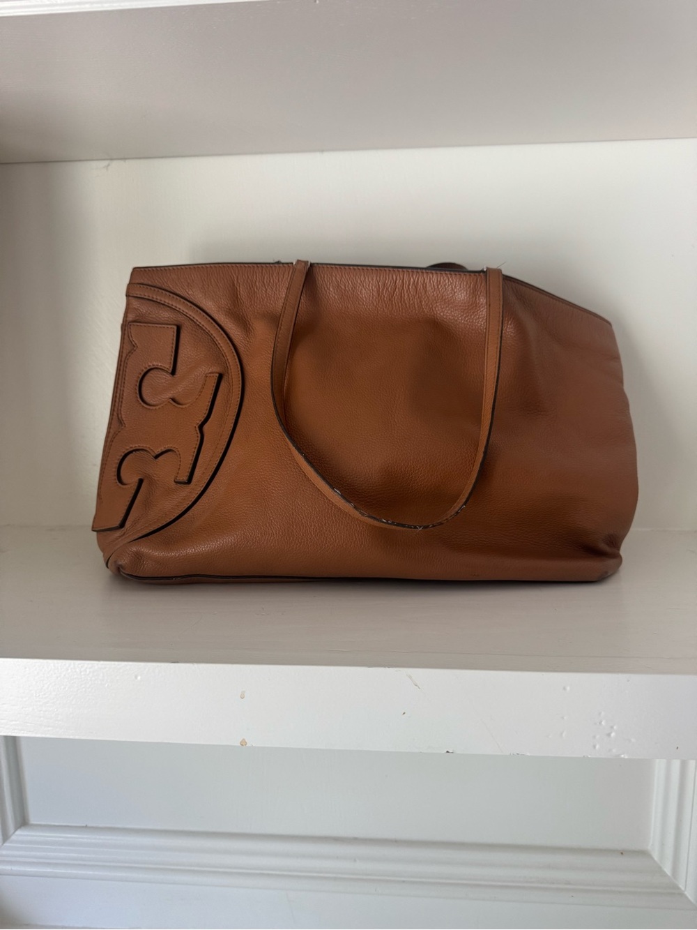 Tory Burch Cognac Leather Tote with Logo Panel